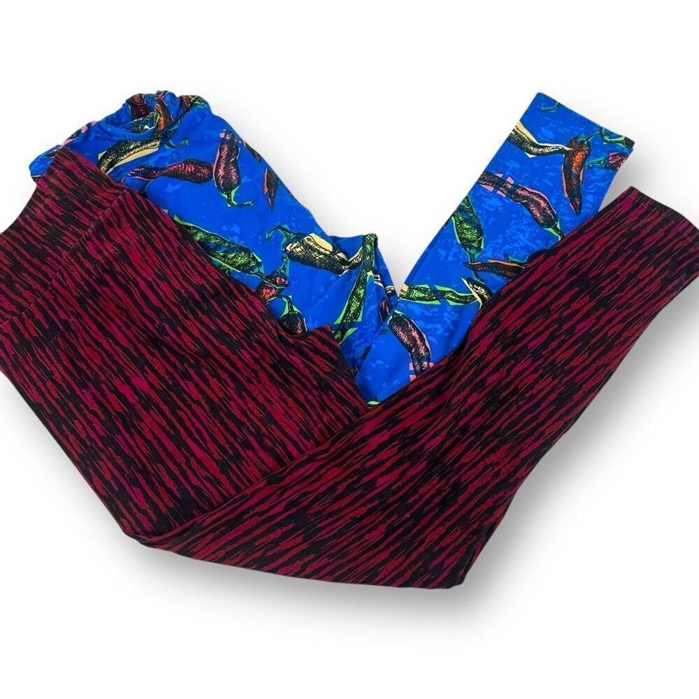 LuLaRoe Women's Tall‎ And Curvy Legging Bundle Chilli Pepper Red Stripe Prints